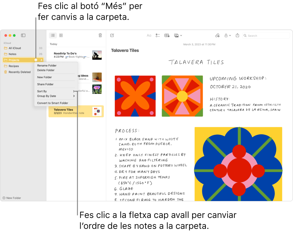 La finestra de l’app Notes amb una carpeta a la barra lateral que mostra el botó “Més”, amb el qual pots fer canvis a una carpeta. A sobre de la llista de notes del centre hi ha l’opció d’ordenació, que canvia l’ordre de les notes: fes clic a la fletxa per seleccionar un ordre diferent.