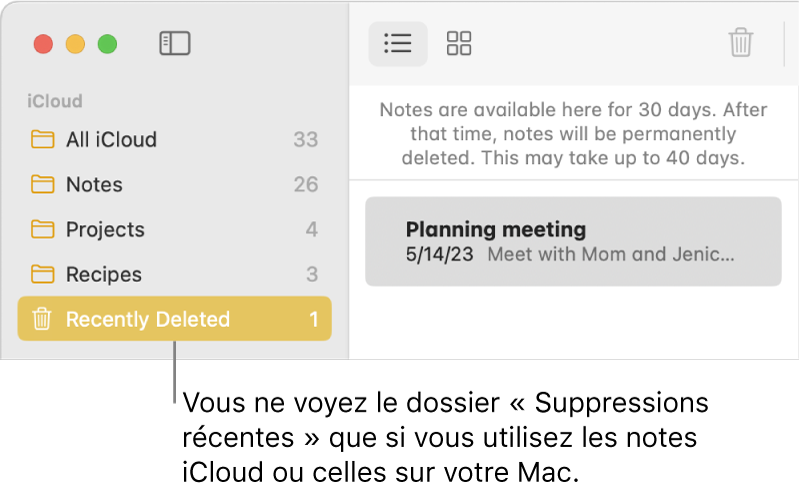 La fenêtre Notes avec le dossier Suppressions récentes dans la barre latérale et une note récemment supprimée. Le dossier Suppressions récentes s’affiche uniquement si vous utilisez des notes iCloud ou des notes stockées sur votre Mac.