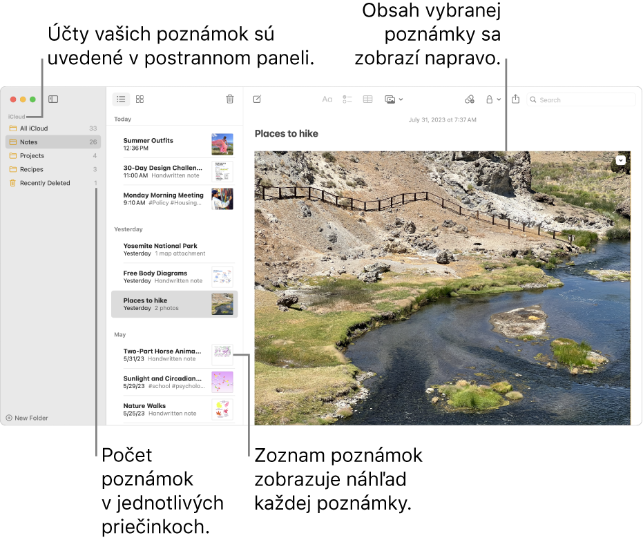 Okno Poznámky so všetkými nakonfigurovanými účtami a priečinkami zobrazenými v postrannom paneli naľavo, zoznam poznámok v strede zobrazujúci náhľad každej poznámky a obsah vybranej poznámky zobrazený napravo. Počet poznámok sa zobrazí vedľa každého priečinka.