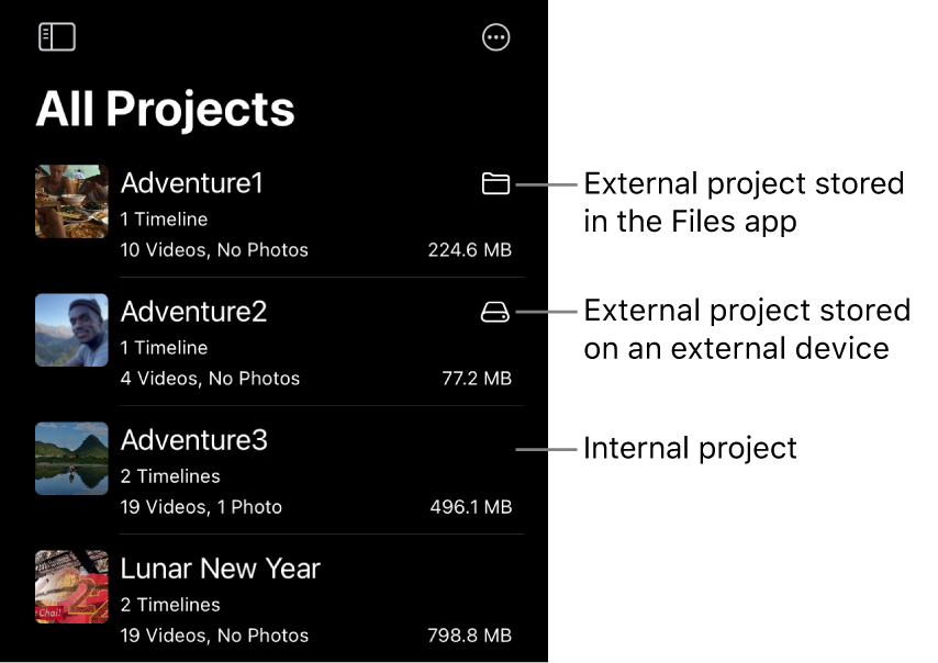 Projekte in der Projektliste, mit Symbolen, die Projekte anzeigen, die in der App „Dateien“ oder auf einem externen Gerät gespeichert sind.
