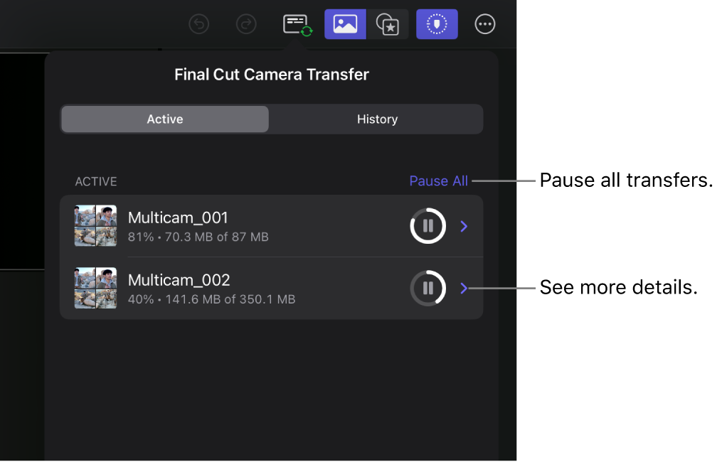 Die Final Cut Camera-Übertragungsliste in Final Cut Pro mit den aktiven Übertragungen.