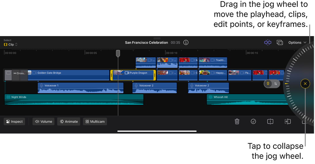 The jog wheel in the timeline.