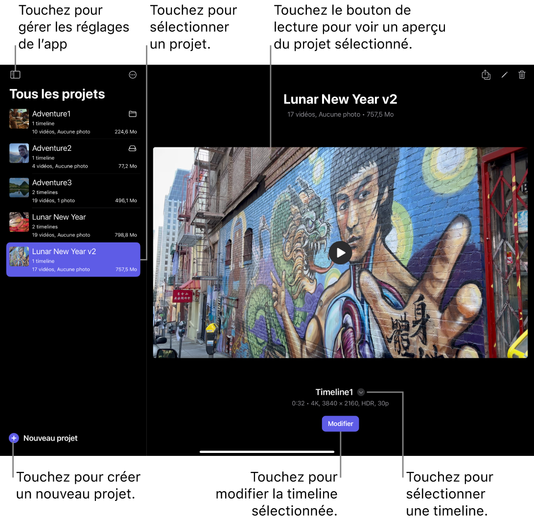 Écran Projets affichant la liste de projets à gauche, l’aperçu de projet à droite, ainsi que des boutons permettant de créer un projet, de sélectionner une timeline et d’ouvrir la timeline sélectionnée pour le montage.