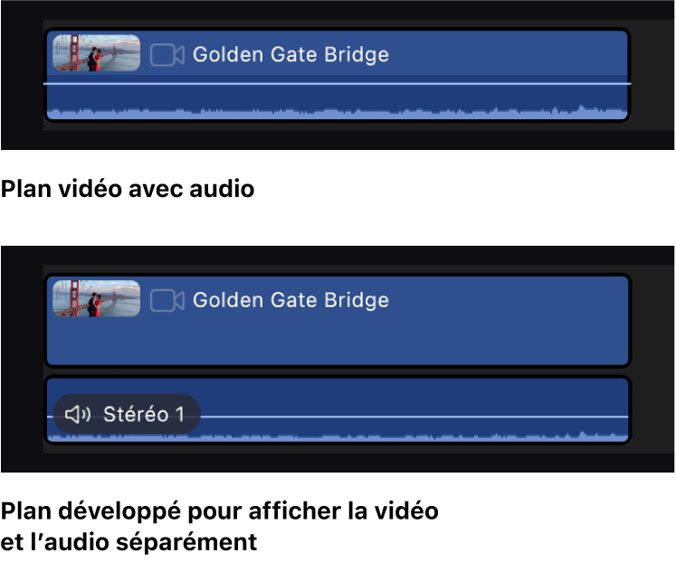 Plan de la timeline affiché avant et après avoir été développé pour afficher l’audio et la vidéo séparément.