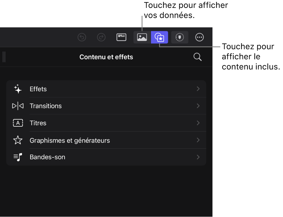 Les boutons « Navigateur multimédia » et « Navigateur de contenu » dans la barre d’outils, avec le bouton « Navigateur de contenu » sélectionné et le navigateur en dessous montrant des effets vidéo.