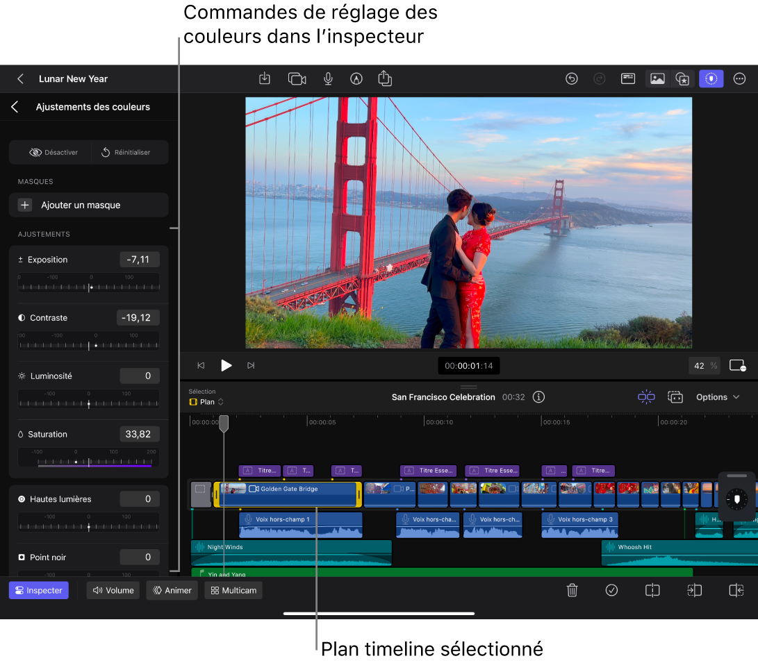 Un plan sélectionné dans la timeline, et l’inspecteur ouvert sur la gauche montrant les commandes d’ajustement des couleurs.