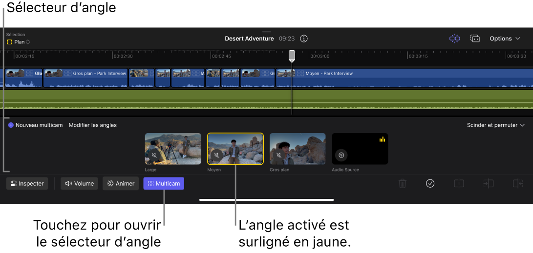 Le sélecteur d’angle s’ouvre dans la timeline, avec des vignettes pour les quatre angles.