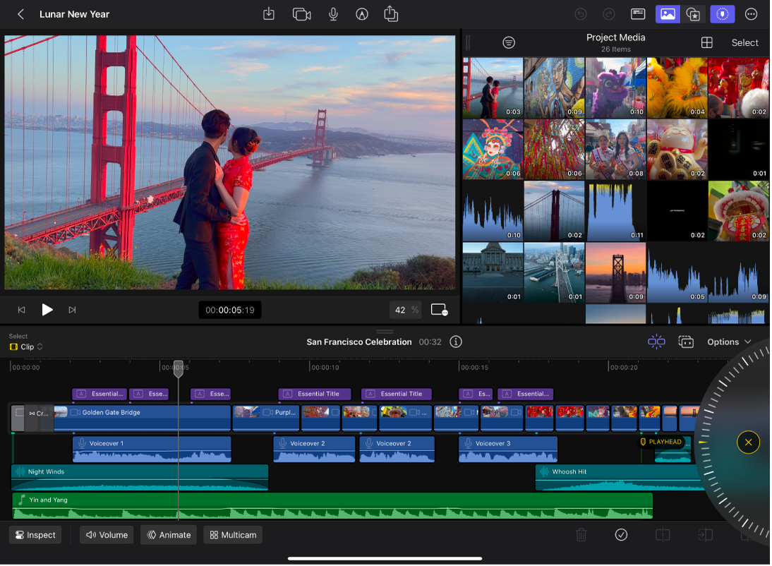 iPad 版 Final Cut Pro 的主要工作区，顶部是检视器和浏览器，底部是时间线。