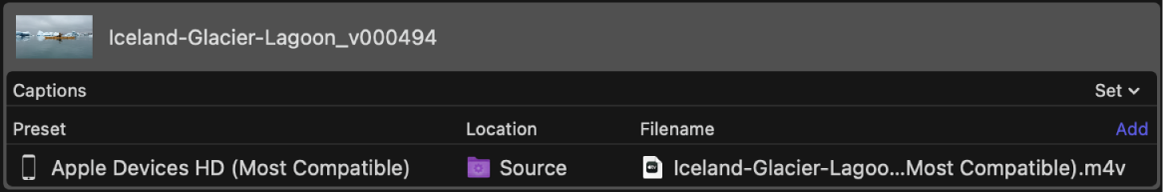 Job in batch area with output row selected