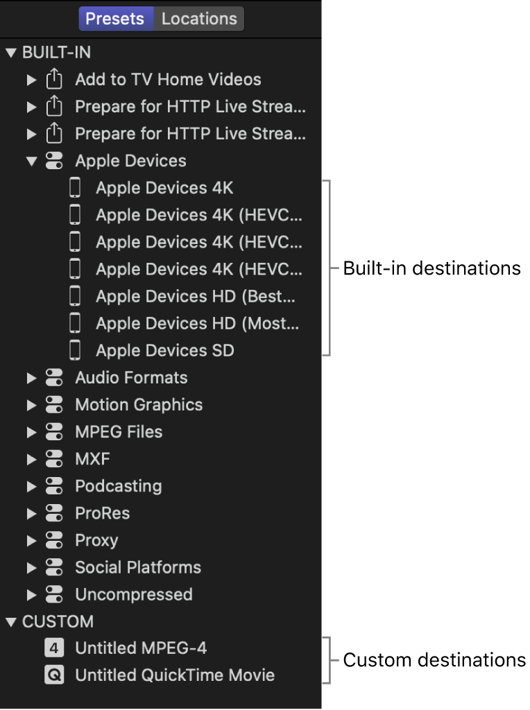 Panel Preajustes donde se muestran destinos integrados y personalizados.