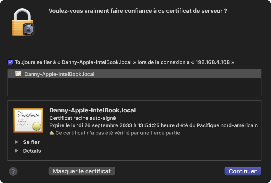 Fenêtre affichant le certificat de sécurité de l’ordinateur sélectionné.