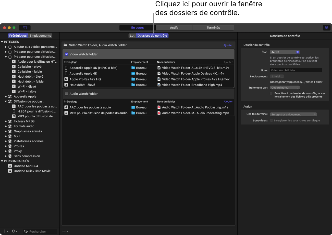 Interface de Compressor avec l’espace de travail Dossiers de contrôle qui s’affiche.