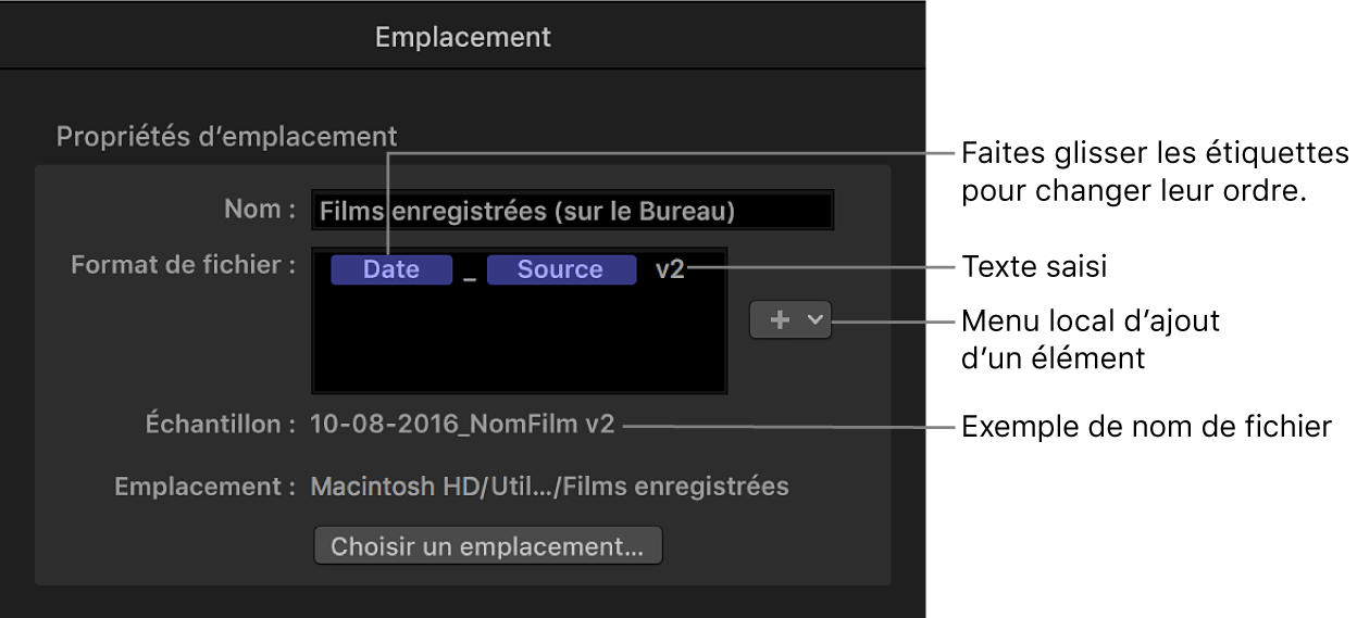 Inspecteur d’emplacement affichant comment personnaliser le format du nom de fichier