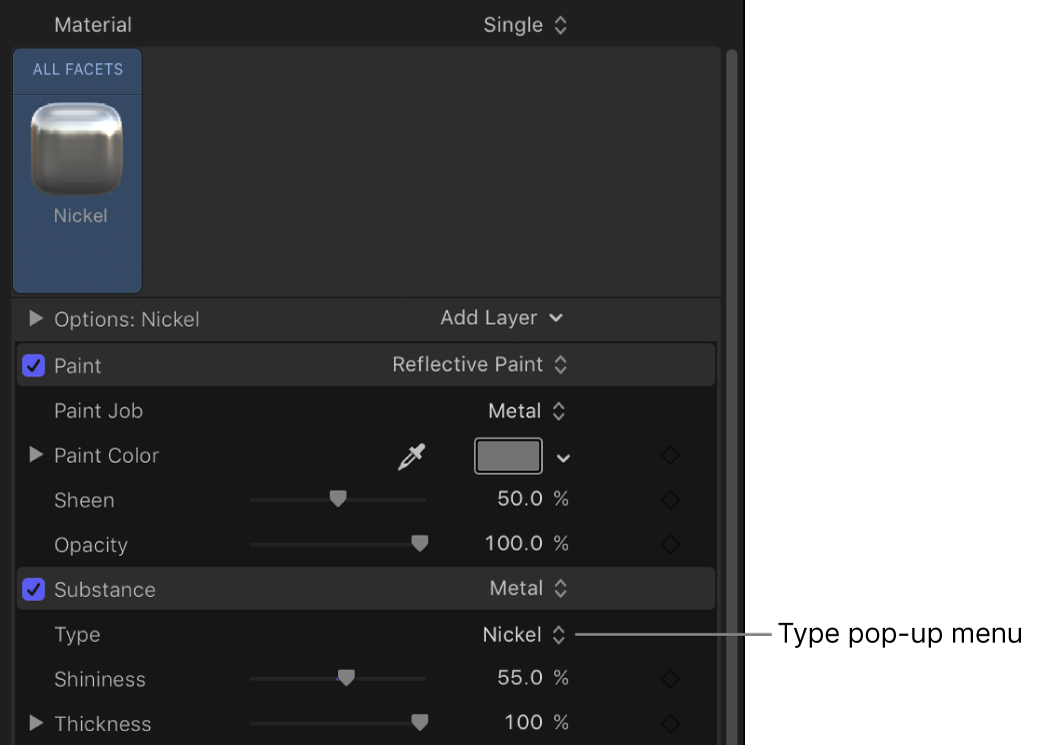 Einblendmenü „Typ“ in den Steuerelementen für „Substanz: Metall“ (im Bereich „Erscheinungsbild“ des Informationsfensters „Text“)