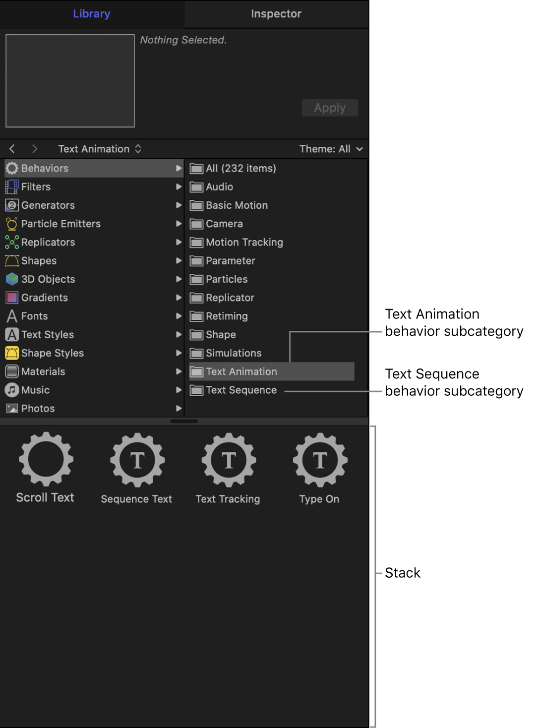 Library showing Text Animation behavior subcategory