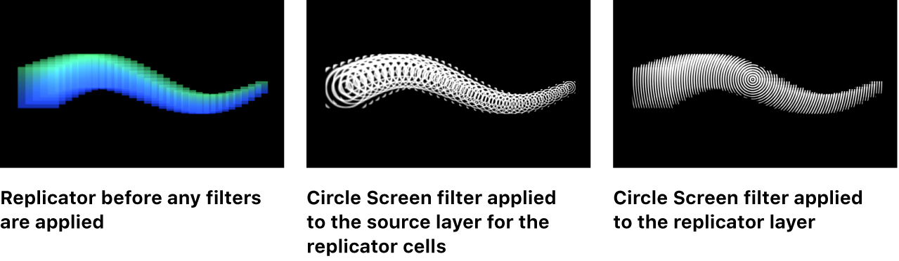 Canvas comparing replicators with filter applied to the source cell layer versus the replicator later