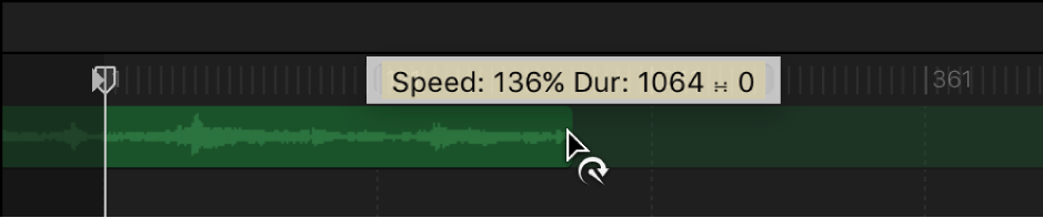 Timeline showing an audio clip being shortened with the retiming pointer