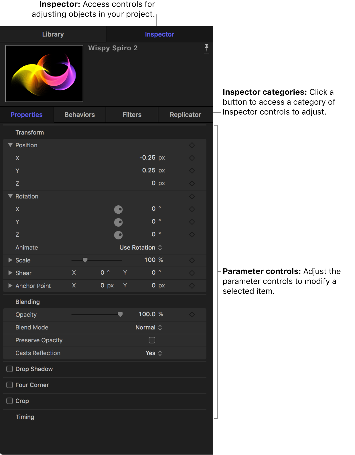 Inspector showing the Property, Behaviors, Filters, and Object panes, as well as the parameter controls