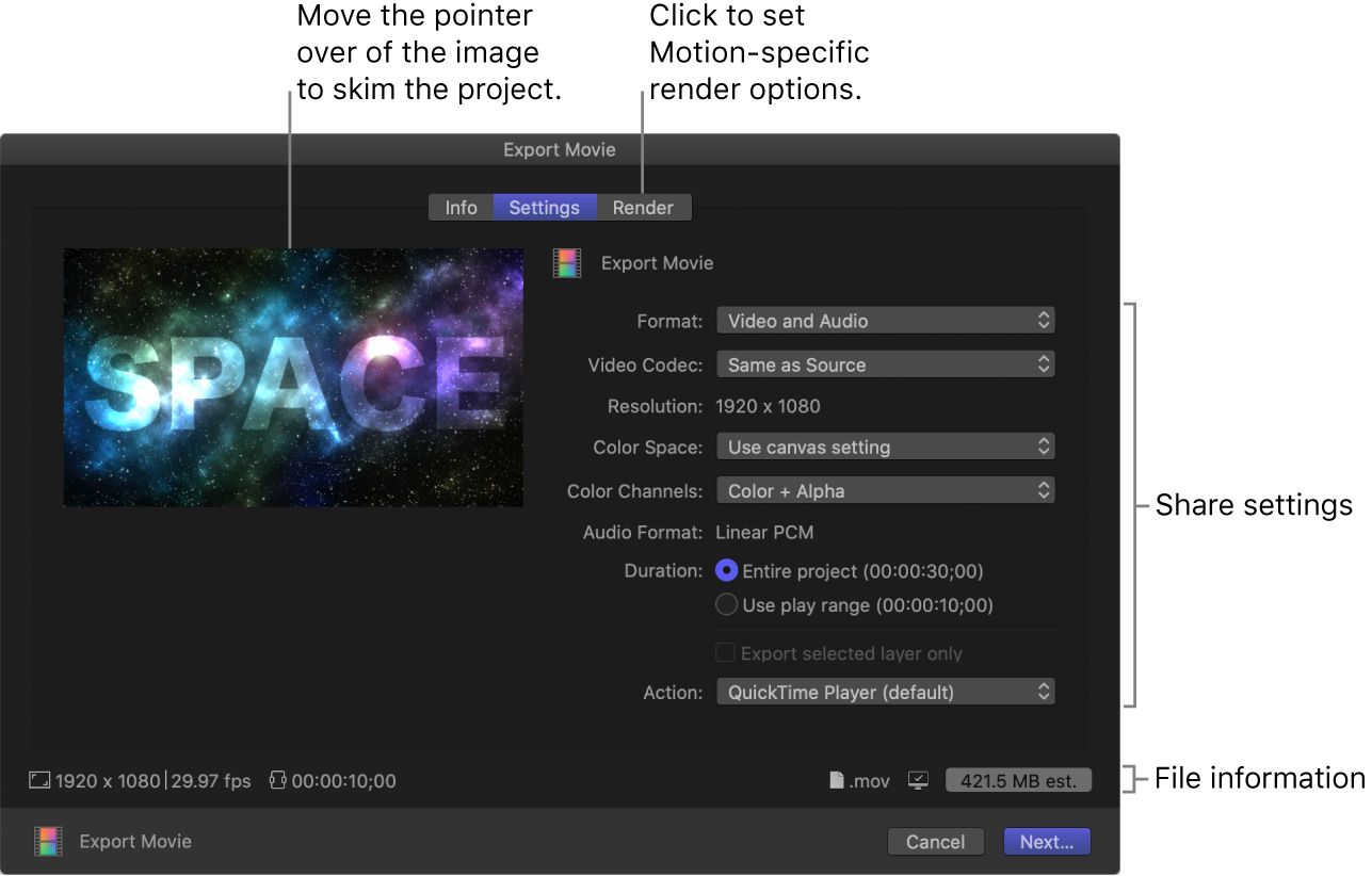 Settings pane of Export Movie window