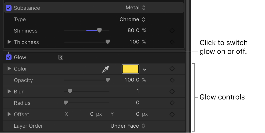 Glow Controls in the Appearance pane of the Text Inspector