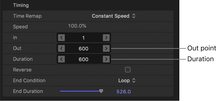 Out point and Duration parameters in the Timing controls in the Properties Inspector