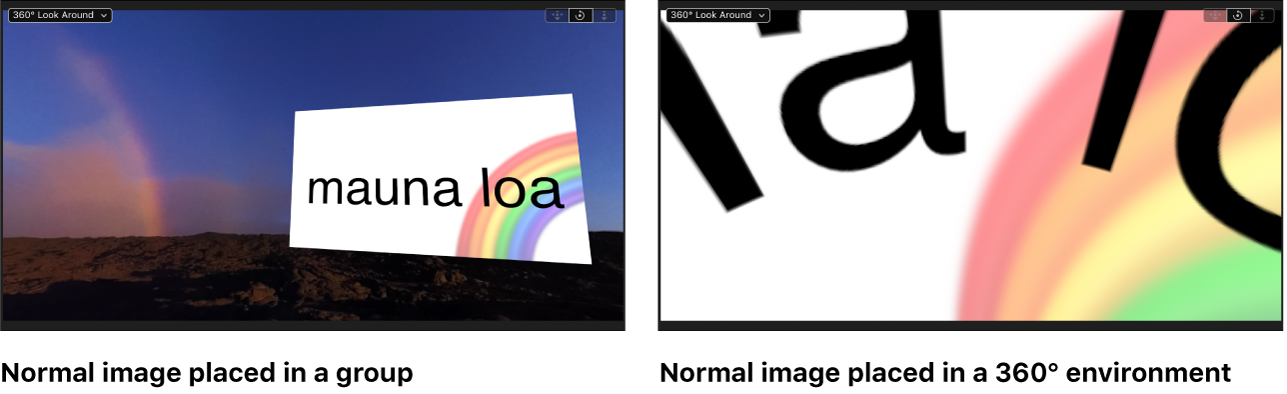 Una imagen equirrectangular mostrada correctamente en un entorno de 360° y una imagen estándar distorsionada en un entorno de 360°