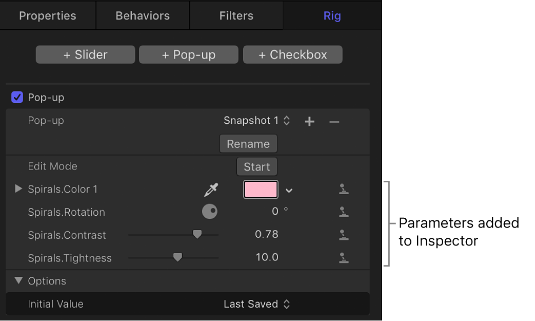 Parámetros añadidos al inspector de widgets