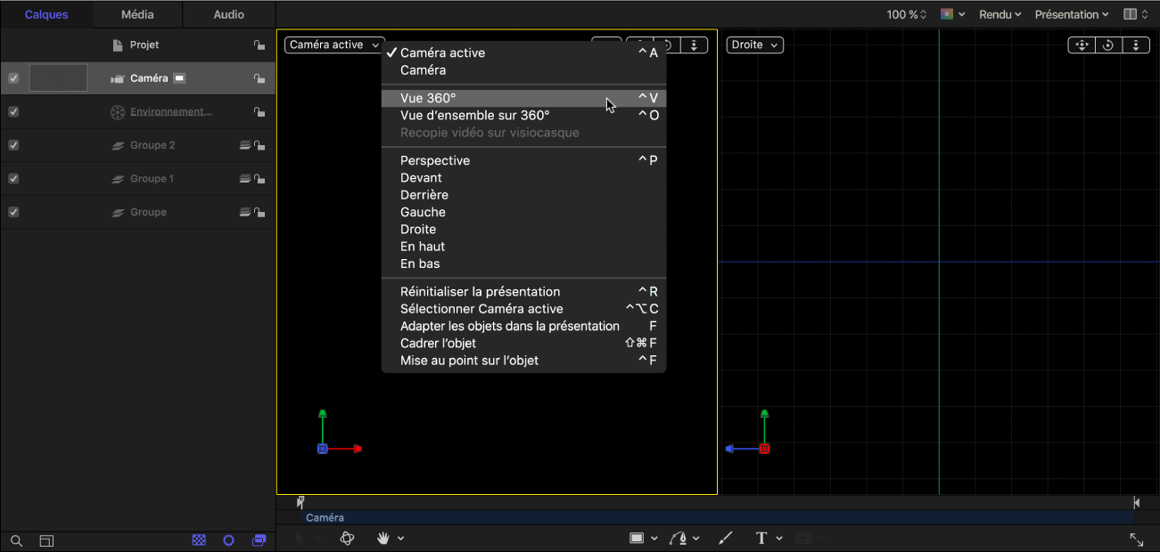 Sélectionner Vue 360° dans le menu local Caméra dans le canevas
