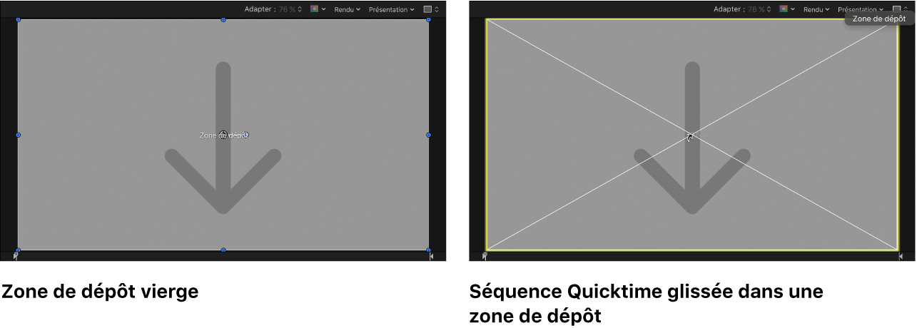 Canevas affichant une séquence QuickTime glissée sur une zone de dépôt