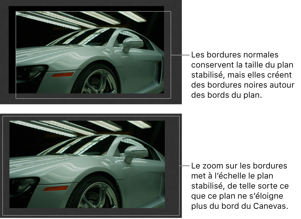 Canevas affichant le comportement Stabiliser appliqué à un plan et avec l’option Contours définie sur Normal, et cette même configuration avec l’option Contours définie sur Zoom