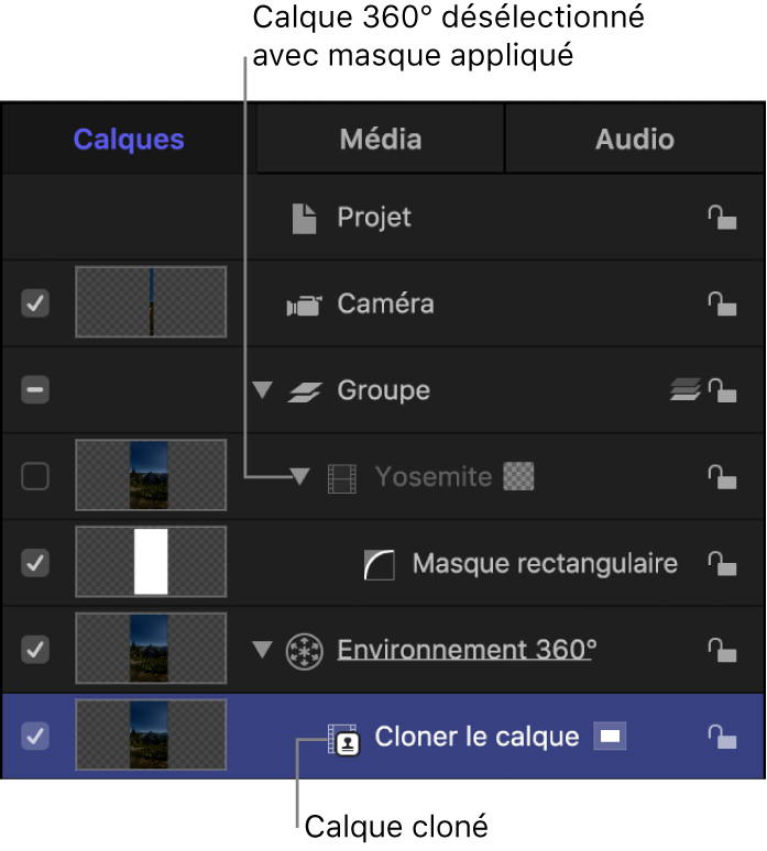 Calque cloné déplacé sur l’environnement 360°