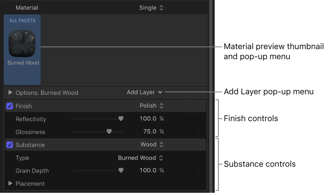 「インスペクタ」の「3Dテキスト」に複数のレイヤーのある素材が表示されています