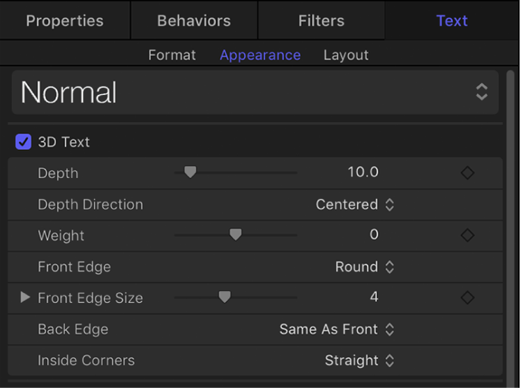 「テキスト」インスペクタの「アピアランス」パネルの「3Dテキスト」コントロール