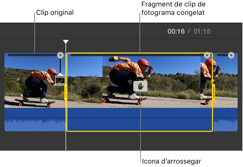 Clip de fotograma congelat inserit a la posició del cursor de reproducció a la línia de temps