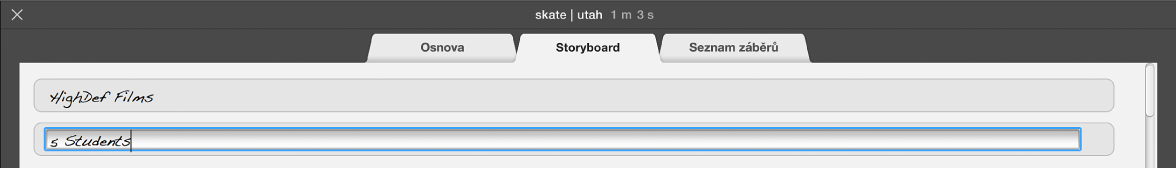 Text zadávaný do upoutávky na panelu Storyboard