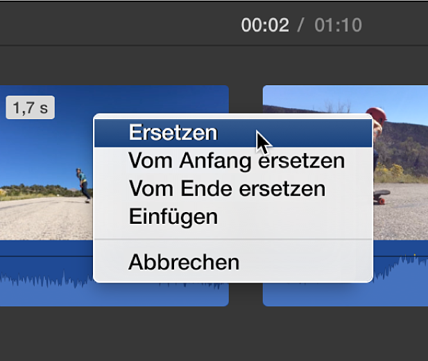 Menü in der Timeline mit den Optionen zum Ersetzen von Clips