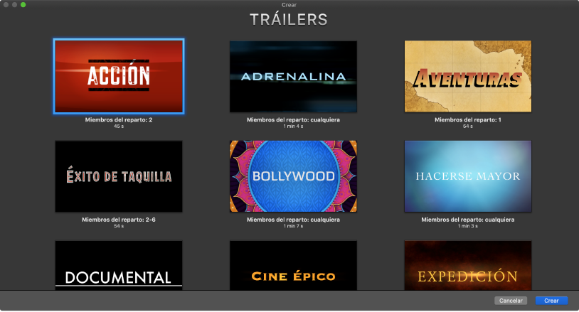 Ventana Crear mostrando miniaturas de plantillas de tráiler