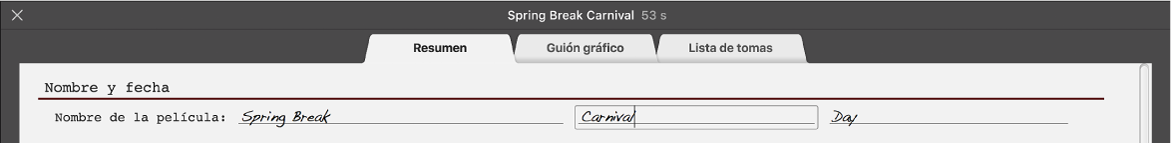 Se está introduciendo texto en el panel Resumen del tráiler