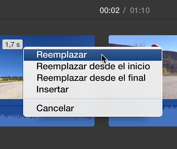 Menú en la línea de tiempo con las opciones de reemplazo del clip