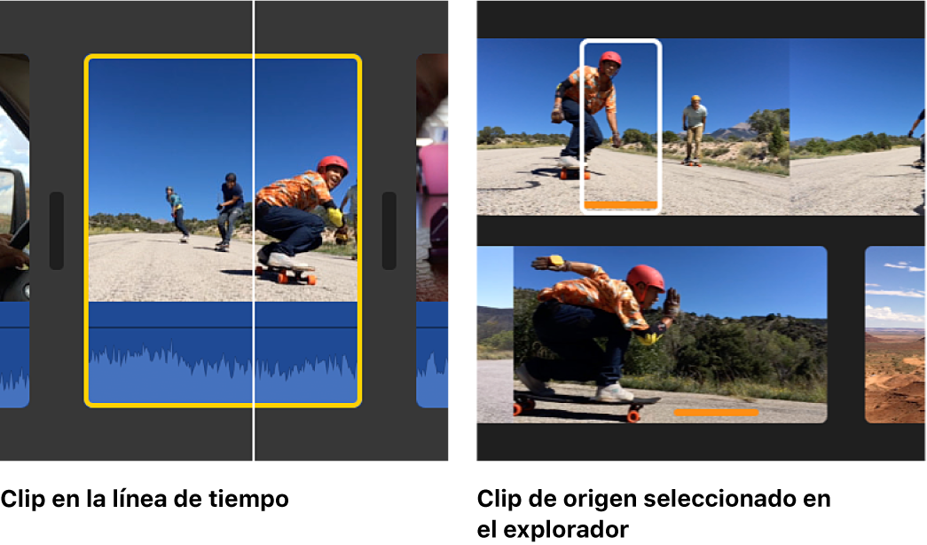 Gráfico a la izquierda con el clip seleccionado en la línea de tiempo, y gráfico a la derecha con un intervalo seleccionado del clip de origen en el explorador, con los límites de clip coincidentes en la línea de tiempo