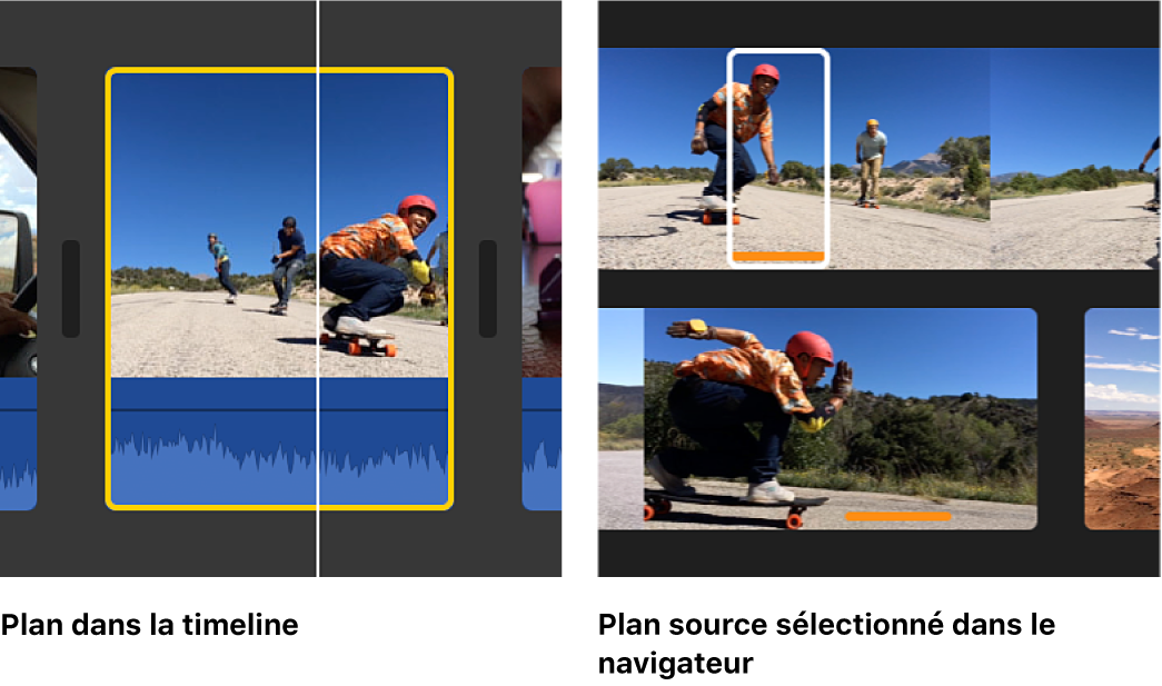 L’image à gauche présente le plan sélectionné dans la timeline ; celle à droite présente la plage sélectionnée dans le plan source dans le navigateur, laquelle correspond aux limites du plan dans la timeline
