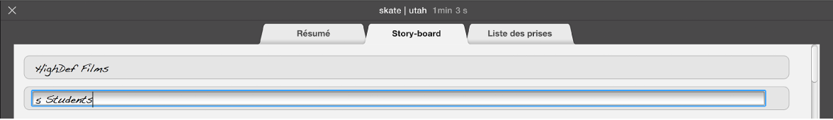 Texte en cours de saisie dans la sous-fenêtre Story-board d’une bande-annonce