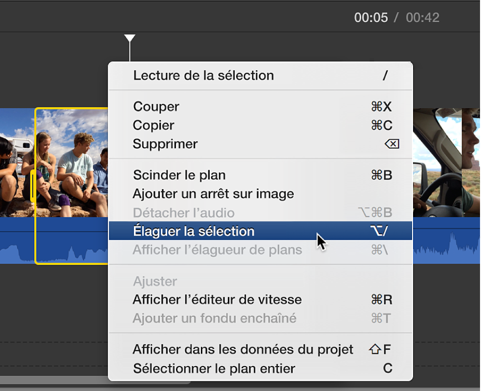 L’option Élaguer la sélection en train d’être choisie dans le menu contextuel de la timeline