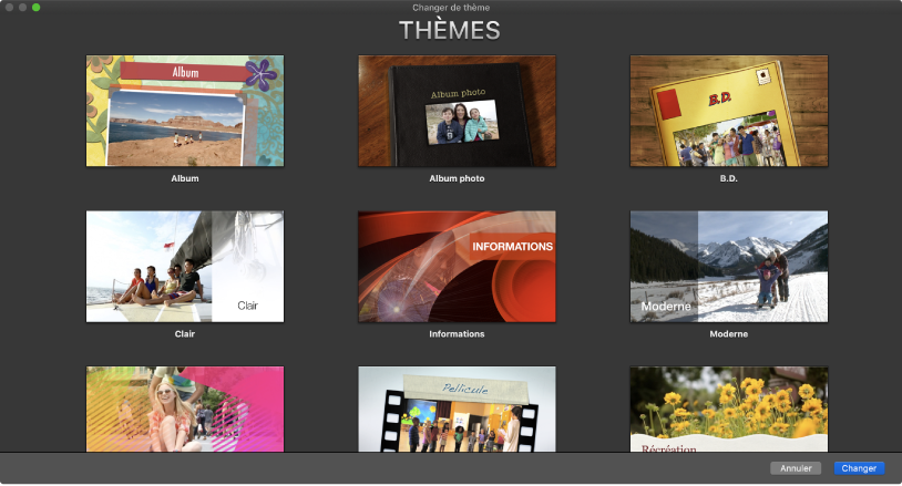 Fenêtre Changer de thème affichant des vignettes de thèmes de films