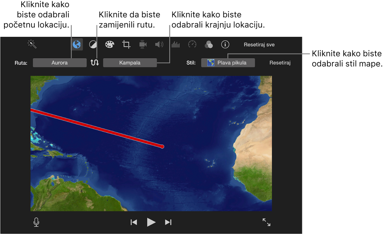 Kontrole za animiranu kartu putovanja iznad preglednika za podešavanje početne i krajnje lokacije, zamjenu smjera rute i odabir stila karte