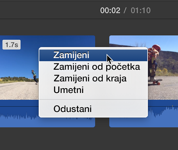 Izbornik u vremenskoj liniji, koji prikazuje opcije zamjene isječka