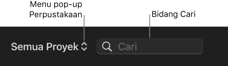 Menu pop-up Perpustakaan dan bidang pencarian