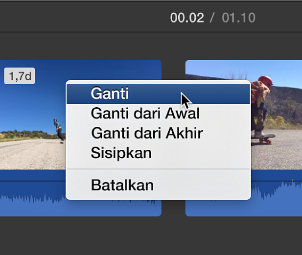 Menu di garis waktu menampilkan pilihan pengganti klip