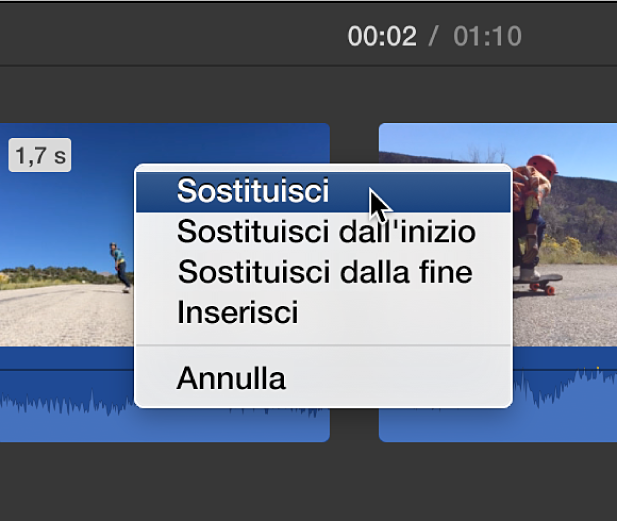 Menu nella timeline che mostra le opzioni di sostituzione dei clip