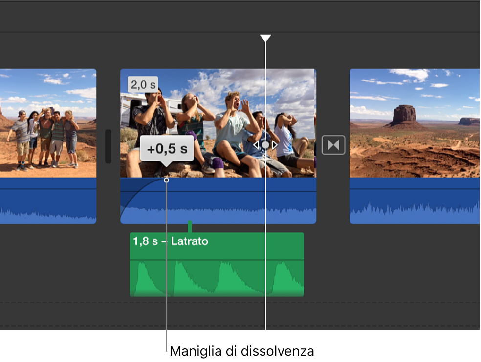 Maniglia di dissolvenza nella porzione audio di un clip nella timeline